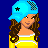 Pixel art icon of a girl with long brown hair wearing a blue cap and yellow striped shirt, surrounded by repeated text "jesus walks with" and colored "ME" words on dark blue background.