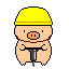 Pixelated pig wearing yellow hard hat and holding black jackhammer, displayed in of six identical frames with one frame missing