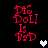 Red pixelated text 'Dis Doll Is PxD' on black background with white and gray heart icons, animated to change heart color.
