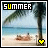 Pixelated beach scene with palm tree, ocean, and two figures on sand; yellow and white heart icons alternate in bottom-right corner.