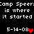 Pixelated text repeats 'Camp Speer is where it started' with date 5-14-08 and red heart symbols on black background.