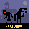 Pixel art scene with two black silhouettes featuring red eyes, a clock tower, and moon against purple background; yellow text reads PREVIEW at bottom.