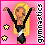 Pixel art icon of a blonde woman in black outfit with arms raised against pink background, featuring two yellow stars and vertical text on right side.