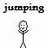 Pixelated stick figure with smiling face, arms raised in joy, positioned between text reading 'jumping' and 'joy!' on white background.