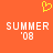A static orange background displays two identical pixelated text blocks with 'SUMMER' above ''08', each accompanied by a yellow heart symbol at the top center.