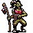 Pixel art character with greenish skin, brown hair, and a red top holding a staff with a pink and red emblem on a gray background.