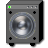 Pixelated gray speaker with circular silver grille, four black cross symbols, green indicator light, and two black feet on gray background.