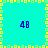 Pixelated cyan background with yellow square border, four blue '48' numerals at quadrants, and central vertical/horizontal lines of alternating yellow-green squares.
