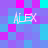 Pixelated of cyan, purple, and magenta squares with four instances of the text 'ALEX' in light pink outlined font