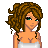 Pixel art of a female character with brown curly hair, green eyes, and a white strapless top, wearing black pants and black boots, with the word "Angel" below.