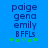 Blue background displays text 'paige', 'gena', 'emily', 'BFFLs' with green plus symbols below; animation changes one central plus symbol from light to dark green.