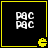 Four identical black squares with yellow borders, each containing white pixelated text and a small yellow Pac-Man icon at the bottom right.
