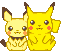 Pixel art of two yellow Pikachu characters with brown-tipped ears and cheeks, seated side-by-side against a gray background.