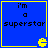 Blue square with yellow border containing black text 'i'm a superstar' and pixelated Pac-Man mouth icon at bottom-right corner.