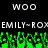 Pixelated text and green pixelated shapes on black background with repeated 'WOO WOO' and 'EMILY-ROX' text elements.