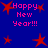 Blue background with red star shapes and pink pixelated text reading "Happy New Year!!!" in four clusters.