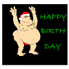 A cartoon character in red underwear and a Santa hat dances with raised arms against a black background, text reading "HAPPY BIRTH DAY" appears in various colors.