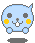 Four pixelated blue creatures with yellow cheeks, black eyes, and white teeth in various poses on a gray background.