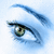 Pixelated close-up of a human eye with blue-toned eyelid and eyebrow, greenish-brown iris, and white sclera against a light blue background.