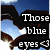 Pixelated image of a person with dark hair and blue eyes against a sky background, overlaid with text reading "Those blue eyes <3" in white block letters.
