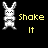 A 5x5 contact sheet of animated frames showing a pixelated white stick figure rabbit shaking with "Shake It" text in yellow or pink, arranged left-to-right and top-to-bottom on black background.