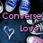 Pixelated image with pink text 'Converse Love' over dark blue background, featuring white and blue shoe icons.