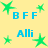 Yellow background with blue text and green star shapes arranged in a pattern