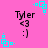 Pixelated pink background with repeated 'Tyler <3 :)' text and cyan square-dot animations in corners.