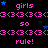Pixelated text and symbols repeat across a black background with pink, blue, and gray elements.