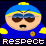 Pixelated South Park character Kyle Broflovski in blue outfit with yellow accents wearing sunglasses, displayed across four frames of an animated contact sheet showing text changes from "respect my" to "AUTHORITY!".