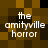 The amityville horror text appears in white pixelated font over a brown and black checkered background with four identical instances arranged in two