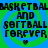 Pixelated text reads "BASKETBALL AND SOFTBALL FOREVER" with a heart symbol, repeated in four quadrants on a blue and green spiral background.