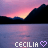 Pixelated sunset landscape with water reflection and text "CECILIA" plus heart symbol, displayed as two animated frames side-by-side in a contact sheet layout.
