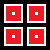 Four identical red squares with white borders, each containing a smaller white square at the center, arranged in a 2x2 grid on a black background.