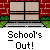 A 4x3 contact sheet of a pixel-art animation showing school dismissal scenes with stick figures, brick buildings, and text "School's Out!" across multiple frames.