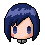 Pixel art contact sheet of three animated frames showing a character with blue hair and changing facial expressions against a gray background.