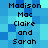 Blue pixelated background with repeated text "Madison Mac Claire and Sarah" in black pixelated font, arranged in two vertical