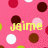 Pixelated pink background with scattered red, white, brown, and green circular shapes, featuring yellow text reading 'Jaime' in the center.