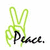 Green peace sign hand gesture with 'Peace.' text, black heart on teal background with 'Love.', gray face with closed eyes and smile under 'Happiness' text.