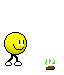Yellow and green pixelated character with white eyes walks past small brown patches of grass, then stops to plant a seed while saying 'Darn it!' in a speech bubble.