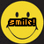 A pixelated yellow smiley face with black eyes and a curved mouth, overlaid by an orange 'smile!' text block on a dark background.