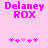 Pixelated pink text 'Delaney ROX' on light pink background with five pink asterisks below, two versions differ in asterisk spacing.