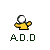 Pixelated yellow figure with white head in various poses above green text 'A.D.D.' on gray background