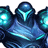 Pixelated blue and teal robot with glowing eyes, chest light, and wing-like appendages on a white background.