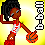 Pixel art contact sheet showing two frames of an animated sports-themed buddy icon featuring a female character with dark curly hair, red and white uniform, basketball, and vertical text elements against yellow background.