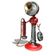 A red and silver vintage telephone with a circular base, coiled cord, and rotating receiver, shown in four sequential poses against a gray background.