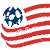 Pixelated icon featuring a blue circular emblem with white star-like shapes on left, red curved stripes on right against white background.