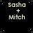 Black background with light blue dots, repeated text "Sasha + Mitch" in beige font
