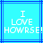 Pixelated text on a cyan background with blue lines, showing 'I LOVE HOWRSE!' with partial pixel corruption on the right side of the text