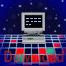 Pixelated of four computer monitors on blue starry background with red 'Download' text and colored blocks